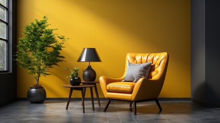 A modern interior design showcasing a vibrant yellow leather chair with a chic table,positioned thoughtfully against a solid mockup wall.