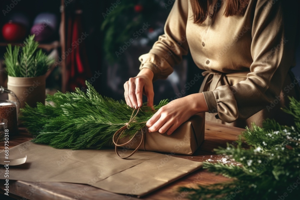 Poster a woman is wrapping a bunch of pine branches. this versatile image can be used for various purposes