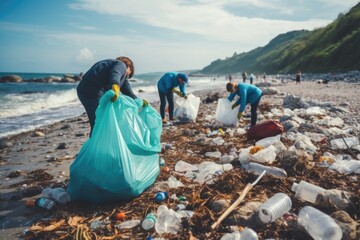 People working together to clean up the beach. Can be used to promote environmental awareness and community involvement - obrazy, fototapety, plakaty
