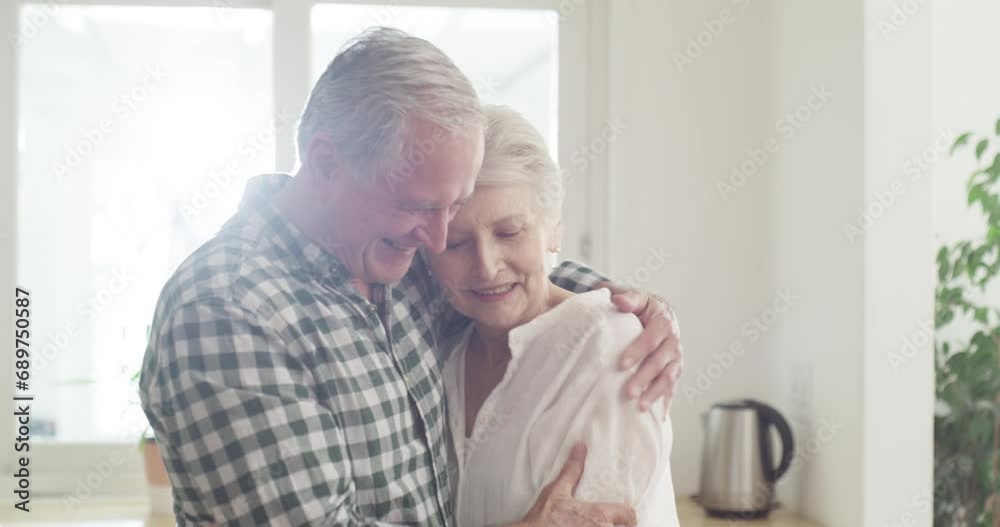 Poster Senior couple, happy and smiling with hug, marriage and embrace, outdoor and joyful. Retirement, elderly or love for commitment, bonding together or care for romantic relationship, man or woman