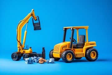 Obraz na płótnie Canvas Toy forklift, asphalt paver and excavator on blue background