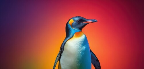  a blue and yellow penguin standing in front of a red, blue, yellow, and orange background with its head turned to the side.