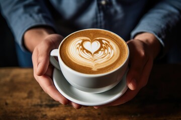 Man holding cup of coffee with pattern, on heart shaped surface - Powered by Adobe