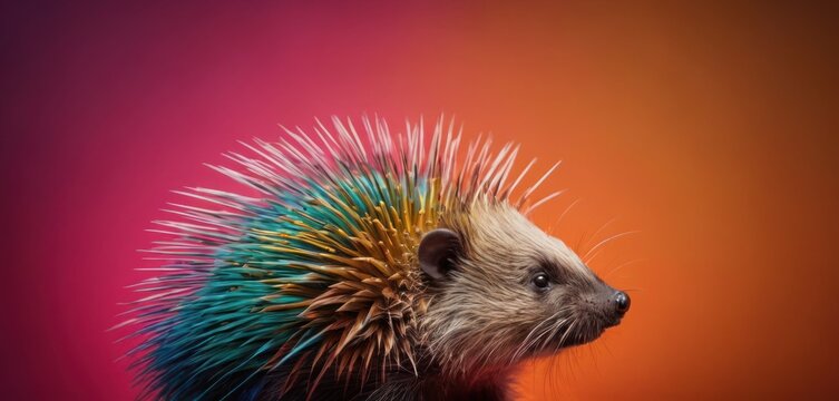  a porcupine with multi - colored spikes on it's head, against a pink and orange background.