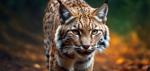  a close up of a cat walking on a dirt ground with leaves on the ground and trees in the background.