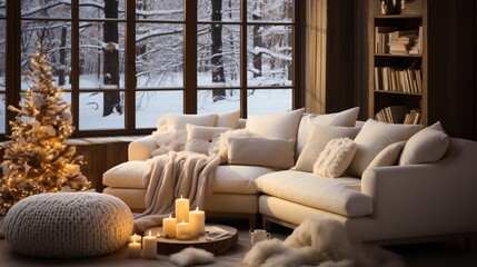 An ivory sofa, adorned with a plush throw blanket, invites comfort and relaxation near a beautifully decorated Christmas tree, creating a serene winter holiday atmosphere.