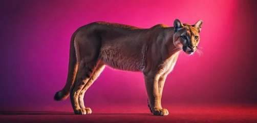 Tuinposter  a close up of a puma standing on a red surface with a purple background and a pink light behind it. © Oleg