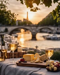 luxury picnic with cheese plateau and wine by the Seine river Paris, golden hour

