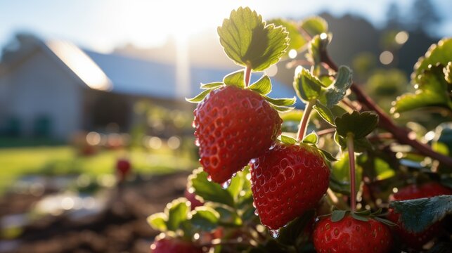 close up of a strawberry at farm in the morning. 