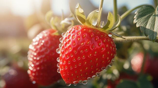 close up of a strawberry at farm in the morning. 