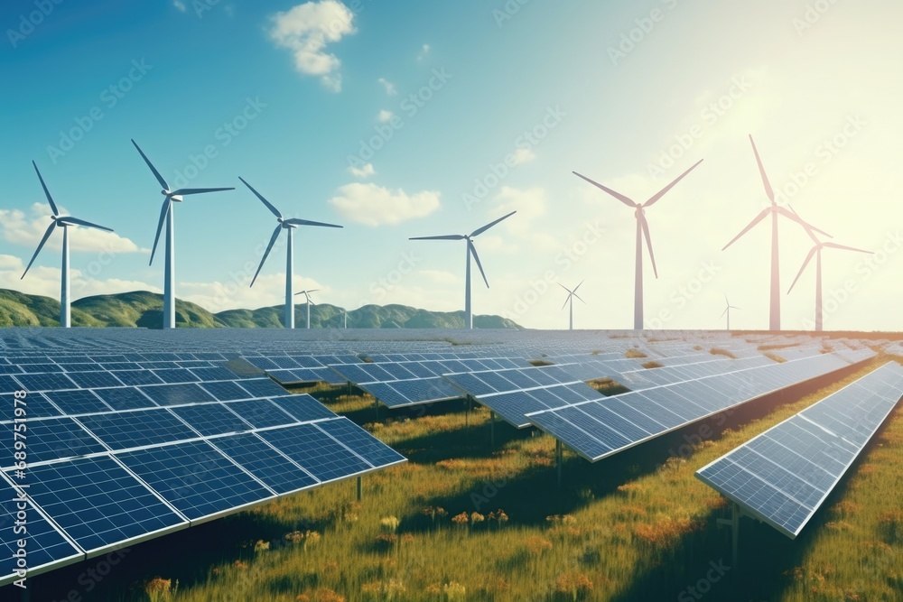 Poster a picture showcasing a field filled with solar panels, with wind turbines in the background. this im