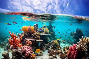 coral reef and fish, coral reef in the red, Bright paints of coral reeves, Underwater world. Coral fishes of Red sea, generative ai - obrazy, fototapety, plakaty