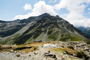 Naklejka premium Summer Splendor: Peaks, Ice, Rocks, and Lakes. Alps. Aosta Valley. Italy.