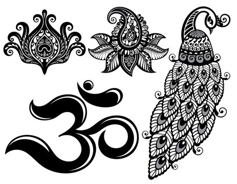 Om vector drawing image.Peacock.Lotus sumbol.Turkish flower symbol.Boho set. Tattoo set