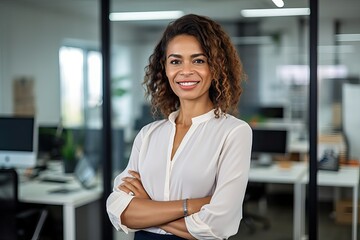 Smiling confident professional middle aged business woman corporate leader, happy mature female executive, lady manager standing in office looking at camera, portrait. - obrazy, fototapety, plakaty