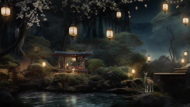 Fantasy night view of traditional house with deer, moving video animated looping 4k.