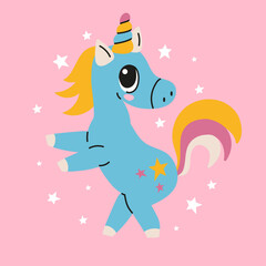 Cute cartoon magic unicorn on a pink background. Vector design. Hand drawing illustration for children.