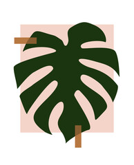 Minimalist Abstract Tropical Leaf Vector Illustration with Hand Drawn Monstera Leaf in Pink Frame Isolated on a White Background Ideal for Poster, Wall Art, Card.RGB.Simple Modern Exotic Garden Print.