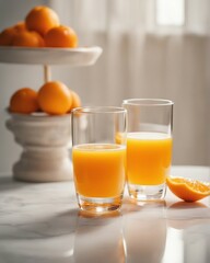 organic orange and orange juice in glass, decorative white stone background, with copy space

