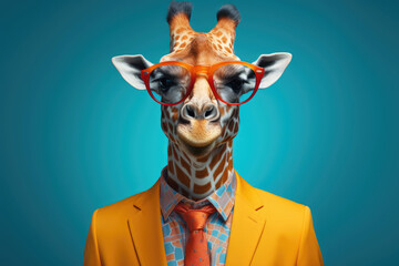 Hipster giraffe in an orange jacket and sunglasses