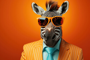 Cool zebra in sunglasses and a hipster bright suit