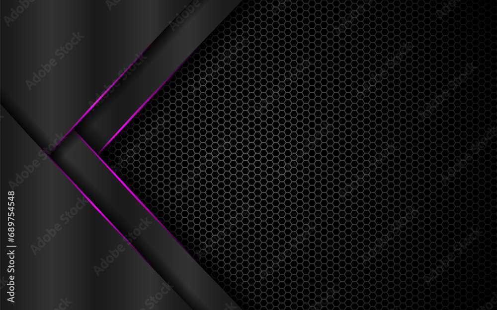 Poster Dark steel mesh abstract background with purple glowing lines with space for design. Modern technology innovation concept background	