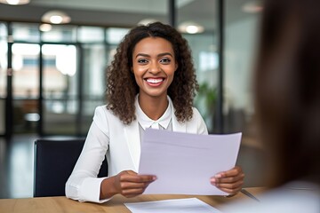 Smiling business woman hr holding cv at job interview. Happy mid aged professional banking financial manager, insurance agent, lawyer consulting clients sitting at work corporate office meeting