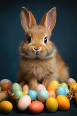 Fototapeta na wymiar Easter bunny and colored eggs on a blue background. Vertical orientation