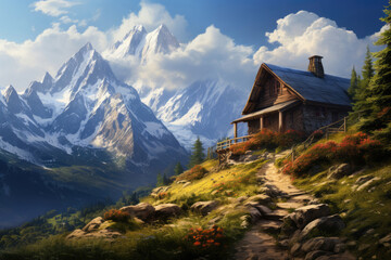 Fototapeta na wymiar Lonely house in mountain valley landscape