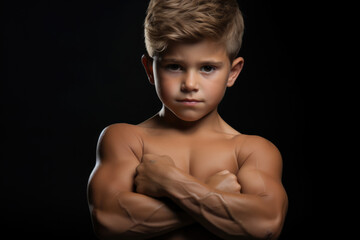 Child little boy bodybuilder with huge muscles