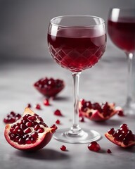 Fototapeta na wymiar organic pomegranate and pomegranate juice in glass, decorative dark stone background