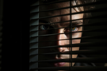 Man looking behind blinds closeup