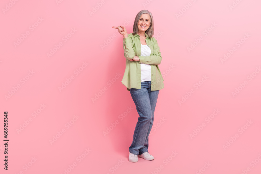 Sticker full length photo of gorgeous positive woman promoter wear stylish clothes recommend denim collectio