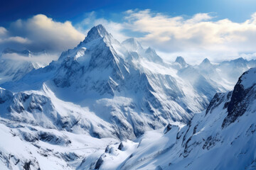 Fototapeta na wymiar Snowy landscape, mountain valley with blue sky
