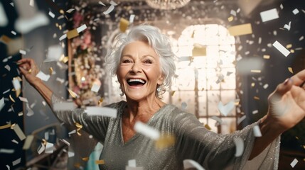 Beautiful happy old woman in beautiful dress celebrates New Year's party. - obrazy, fototapety, plakaty