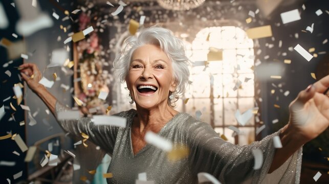 Beautiful happy old woman in beautiful dress celebrates New Year's party.
