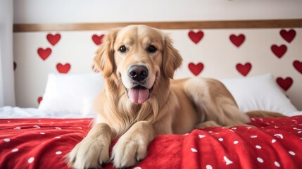 Cute dog lying on bed with red heart on Valentine's Day, Golden Retriever for romantic holiday.