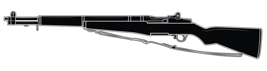 Vector illustration of the M1 Garand rifle with sling on the white background. Black. Left side.