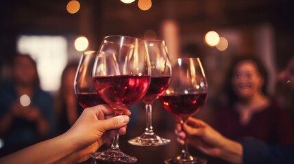 Group of friends toast with wine glasses at New Year's party