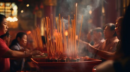 People pray with incense sticks and red candles in a traditional Chinese temple.