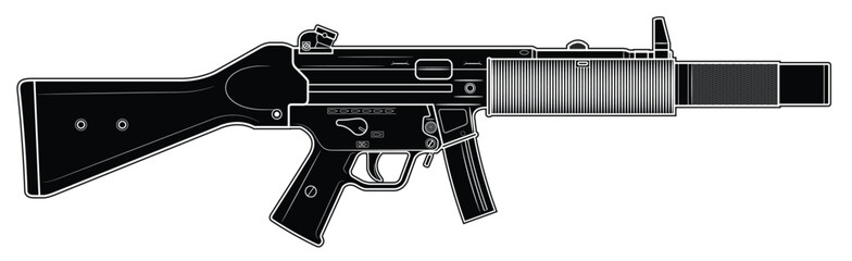 Vector illustration of the MP5SD machine gun with silencer and short magazine on the white background. Black. Right side. - obrazy, fototapety, plakaty
