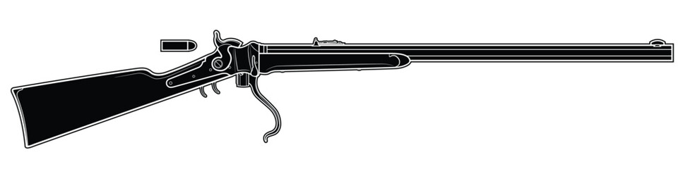 Vector illustration of the Sharps Cavalry rifle with an open breech block on the white background. Black. Right side.
