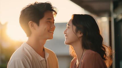 Naklejka premium Couple falling in love. Sweet touch. Touching life. Newly married Asian couple smiling.