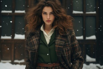 Portrait of elegant woman wearing vintage coat on winter snowy park. Girl walking in snowfall....