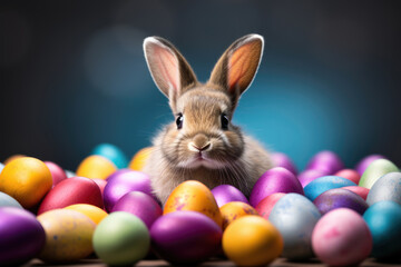 Fototapeta na wymiar Easter bunny and colored eggs on a blue background