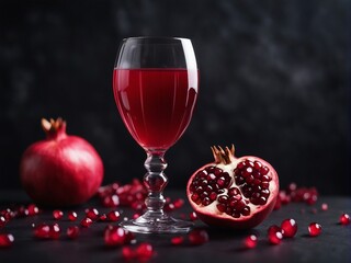 organic pomegranate and pomegranate juice in glass, decorative dark stone background


