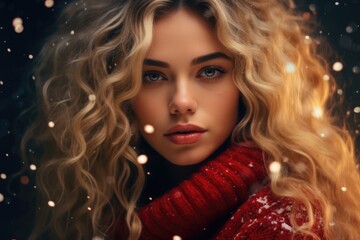 Smiling beautiful girl with curly blond hair wearing res sweater in frosty snowy winter. Christmas night with flying snowflakes. Beauty young woman portrait. Winter and autumn fashion concept