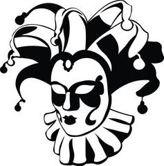 Cartoon Black and White Isolated Illustration Vector Of A Jesters Clown Mask