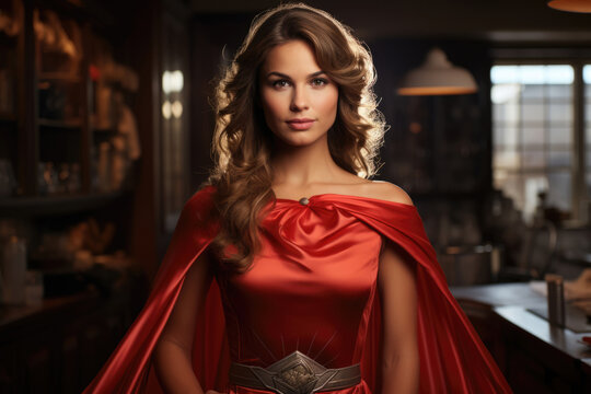 Woman housewife superhero in the kitchen