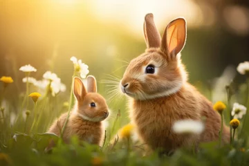 Tuinposter Toilet Cute mother and baby bunny rabbits in the grass